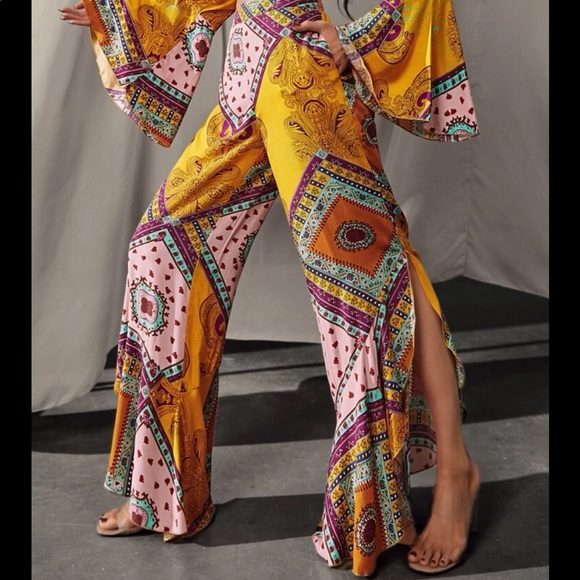 Boho Bohemian Gypsy Floral Paisley Print Slit wide Leg Pants - Picture 7 of 9